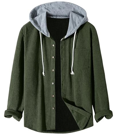 Beokeuioe Herren Waffel Jacke mit Knopfleiste Herrenjacke Mit Kapuzen Übergangsjacke Leichte Hemd-Jacke für Jugend Hoodie Langarmhemd Sweatshirt Outwear Kapuzenjacke Sweatjacke