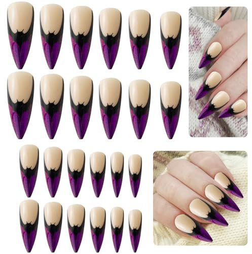 Halloween False Nails, 24PCS Purple Halloween Long Press on Nails Bat Full Cover Acrylic False Nails Halloween Fake Nails for Women Girls Cosplay Decoration Y7ZBFMJ