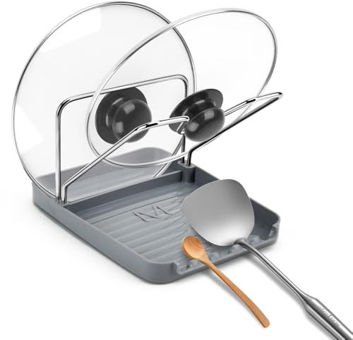 HMIEPRS Support Couvercle de Casseroles, Repose Cuillère Cuisine Porte-Couvercle avec Égouttoir, Gris Support Ustensiles de Cuisine a Poser pour Couvercles Spatules Cuillères Planches à Découper