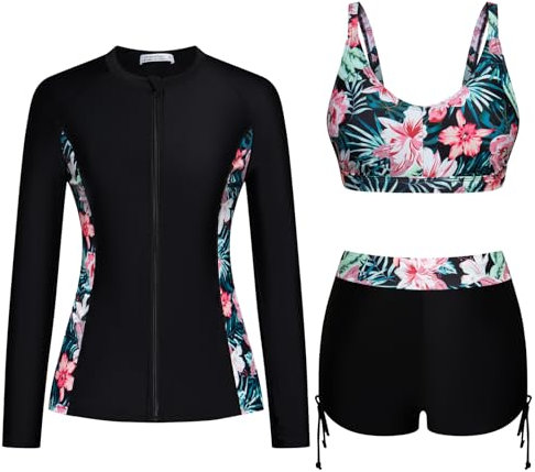 JASAMBAC Women's Athletic 3 Piece Swimsuits Long Sleeve Swimsuit Sports Surfing Swimwear Bathing Suit Blue Floral