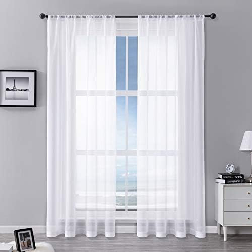 MRTREES Gardinen Weiß Vorhang 2 Set Transparente Weiss 215cm lang Halbtransparente Voile 140cm breit Vorhang Wohnzimmer modern Kurz für Küche, Kinderzimmer, Wohnzimmer und Schlafzimmer