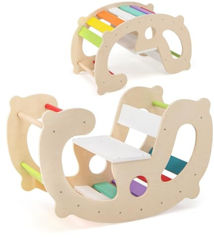 DREAMADE 2 IN 1 Kletterbogen, Schaukelpferd aus Holz mit Kippsicherung, Holzwippe, Klettergerüst Indoor für Kinder ab 1 Jahr