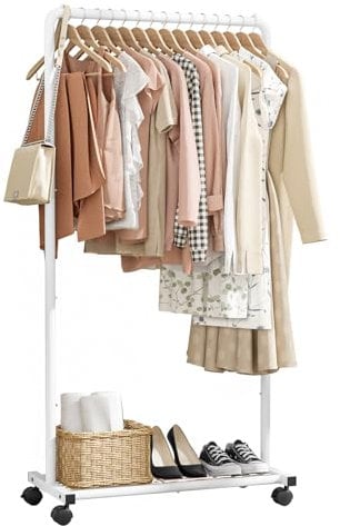 Sakugi Clothes Rail - Movable Clothes Rack with Bottom Shoes Shelf, Heavy-Duty Clothing Rail for Hanging Clothes, Coats, Dresses, Clothes Rail for Bedroom, Closet, Laundry (White, 72x36x149cm)