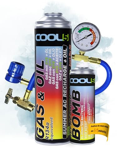 COOL5 2in1 - Recharge clim voiture R134a - r134a recharge kit, gaz de clim r134a pour la climatisation des voitures 1995-2016 + tuyau de mesure + bombe de rafraîchissement + APC 500ml