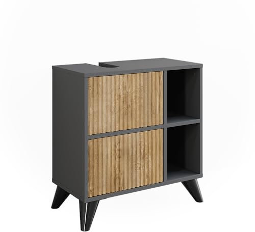 Vicco Waschbeckenunterschrank Leano, Anthrazit/Bergeiche, 60 x 62 cm mit 2 Schubladen