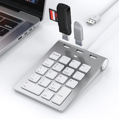 Clavier Numérique Filaire USB - Mini Clavier Numérique Portable USB Équipé de 3 Ports USB2.0 480Mbps, Alimenté par bus Pavé Numérique fin 18 Touches pour Ordinateur Portable, Surface Pro, PC, Mac, Pad