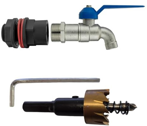 Water Butt Replacement Tap 1/2 Set with Drill bit 21mm Lever Tap Bib Outlet Barb Quick Connecotr Faucet (Garden tap)