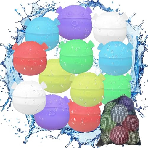 Wasserballons Bomben Wiederverwendbar Wasserbälle Set,12 Stück Ferkelform Silikon Splash Bälle Wasserbomben Selbstschließend mit Mesh Bag Kinder Erwachsene für Strand Poolparty Outdoor Spiele