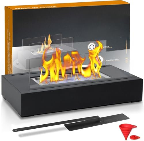 Euakee Tischkamin, Tischfeuer für Indoor & Outdoor, Bio Ethanol Kamin mit 4-Fach-Sicherheitsglas, 2h Brenndauer, Ethanol Tischkamin für Wohnzimmer, Balkon Deko, Gartendeko