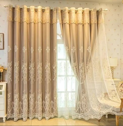 Homxi Vorhänge 2 Stück Blickdicht,2 x 86W x 138H cm,Gelb Beige Vorhang Doppelschicht mit Blumenstickerei Vorhänge Set Ösen