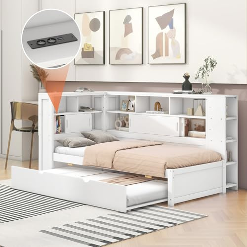 roomfitters Tagesbett 90x200 mit Ausziehbett, USB-Anschluss und integriertem Staufach, multifunktionales Sofa, Weiß