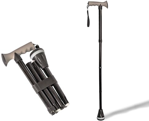 Bastón Plegable de Aluminio Negro – Empuñadura Ergonómica Soft Touch y Contera de Goma XL Antideslizante para Todo Terreno – Ligero, Ajustable 84-95cm y Portátil para el Bolso o Maleta (657S)