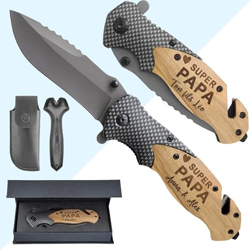 Couteau pliant personnalisé - Gravez votre prénom - Couteau de sécurité personnalisable - Manche en bois gravé - Effet carbone - Cadeau, fête des pères, anniversaire ou noël (Modèle Fête des pères)