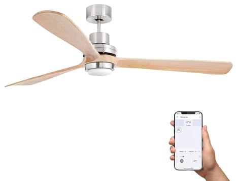 Faro Lantau Ventilatore da soffitto XL a 3 pale in nichel satinato, pino con luce 3000K Wiz Smart System