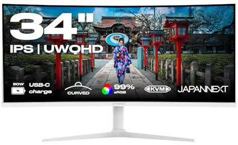 JapanNext Gebogener Monitor Weiß 34 IPS UWQHD (3440x1440) | HDR & KVM | USB-C-Laden (65W) Höhenverstellbar Integrierte Lautsprecher | G-Sync/FreeSync | JN-IPS340UWQHD60C-C65W-HS-W