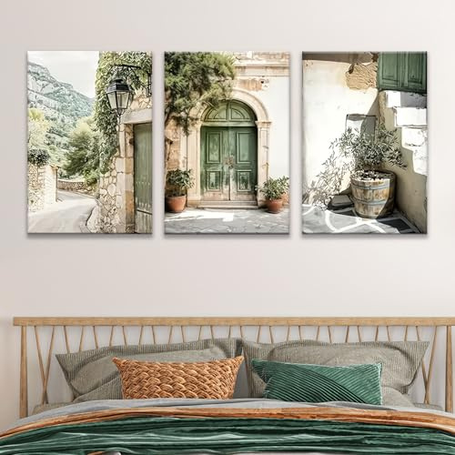 3 Poster Set Green Door Street View Wall Art Mediterranean Countryside Prints Rustic Stone House Olive Plant Canvas Decor Unframed Pictures for Living Room Bedroom Kitchen Home Decoration (21 * 30CM)