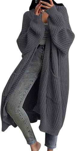 HSUAYEUD Strickjacke Damen Langarm Grobstrick-Cardigan mit Tasche Strickcardigan Casual Herbst Winter Lang Strick Strickmantel
