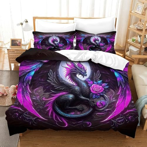 JLZBXCUER Drachen Bettbezug Bettwäsche Kinderbettwäsche-Set Reißverschluss Mit Kissenbezügen Betten Set Für Jungen Und Mädchen, Kinder Single（140x200cm）