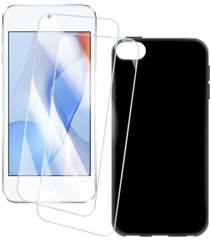 OAGELIM 2er Pack Display Schutzfolie + Hülle Kompatibel mit iPod Touch 7 (4 Zoll) Künstlerisch Bedruckte Hülle und Gehärtetes Glas Kratzfest (Schwarz)
