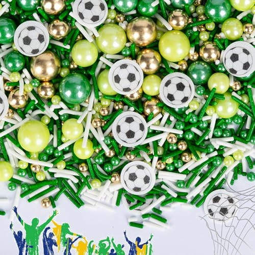 Edible Football Sprinkles for Cake Decorating130g,Green Gold White Pearl and Jimmies Sprinkle Mix with Soccer Rice Paper Toppers,Decorations for Cupcakes Cookies, Donuts Sports & Birthday Parties