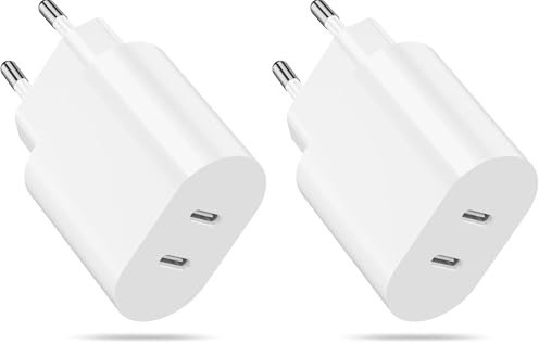 Chargeur USB C, 20W Double Prise USBC Chargeur Rapide pour iPhone 17/17 Air/17 Pro/17 Pro Max/16/15/14/13/12/11 Plus Mini SE X XS XR, Samsung Galaxy, Embout Adaptateur Secteur Bloc USB C (Lot de 2)