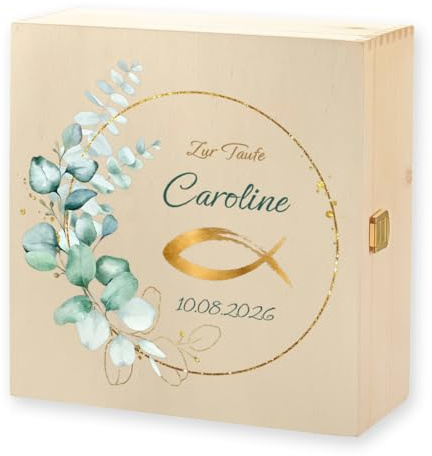 polar-effekt Personalisierte Erinnerungskiste zur Taufe, Kommunion, Konfirmation, Firmung & Jugendweihe - Holzbox mit Name & Datum - Aufbewahrungsbox Geschenk für Mädchen & Jungen mit Fischsymbol