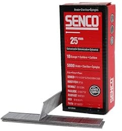 Senco 18G Brad Nail 25mm Pack 5000. with Carbon Steel Standard tensile Wire Material and galvanised Finish. Applications Include: cabinets, Decorative Trim, Picture Frames and ornamentals.
