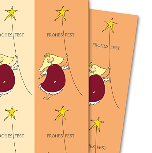 Streifen Weihnachtspapier/Geschenkpapier Sternen Engel, orange (4 Bögen, 32 x 48 cm) Dekorpapier, Papier zum Einpacken, für tolle Geschenk Verpackung und Überraschungen