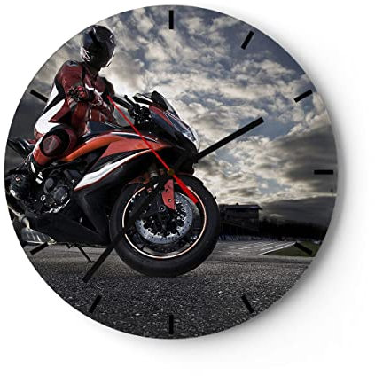 Modern Wanduhr Sport Rennen Motorrad Reise 40x40cm Rund Groß Wand Uhr Glas Analog Zimmeruhren Küche Büro Wohnzimmer Glasuhr Wall Clock Dekoration Design Wanddekoration Küchenuhr C3AR40x40-2542
