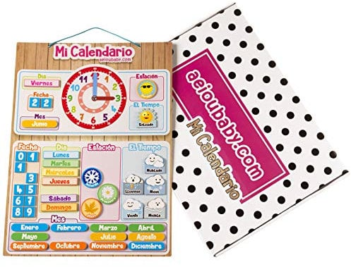 MAGNETISCHE KINDER-KALENDERUHR, Lernspiel Datum Wetter und Zeit für Wand oder Kühlschrank, 43x32cm. Ideale Box als Geschenk zum Kindergeburtstag in der Schule oder im Kindergarten (Spanisch)