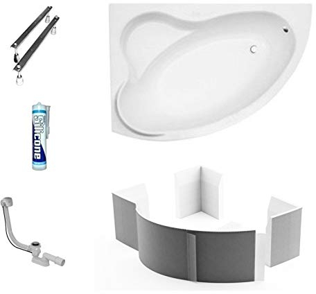 ECOLAM® Badewanne Eckbadewanne Acryl Ada weiß 160x100 cm LINKS + Wannenträger Ablaufgarnitur Ab- und Überlauf Automatik Füße Silikon Komplett-Set