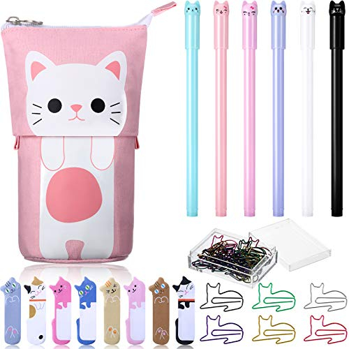 Zonon Süß Katze Schreibwaren Set, 1 Leinwand Teleskopisch Stift Halter Transformator Mäppchen, 6 Bunt Katze Gel Tintenstifte, 30 Katzen Papier Clips Lesezeichen und 240 Haftnotiz Seite Index Tabs