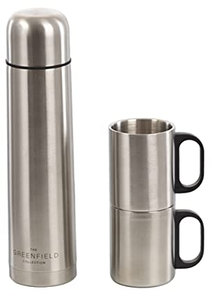 Greenfield Collection Insulated 1 Litre Stainless Steel Flask with 2 Mugs - Perfect for Sports, Outdoor, Hiking, Travel, Office and Keeps Warm/Cold for up to 7 Hours…