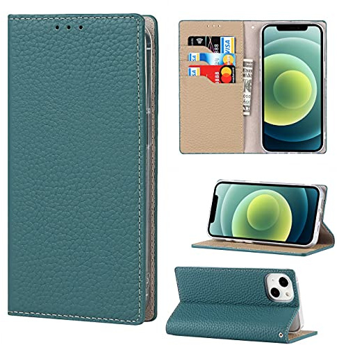 Copmob Coque iPhone 13 Mini avec Cordon,Cuir véritable Flip Portefeuille Étui en Cuir,[3 Porte Cartes][Magnetique][RFID Blocker],Housse Case Protection Etui pour iPhone 13 Mini - Bleu Ciel