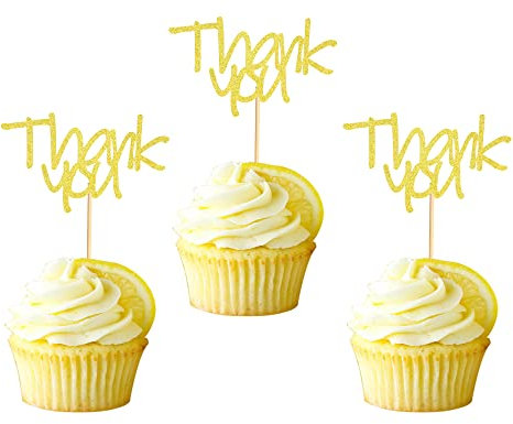 Arthsdite 24pcs Gold Glitter Thank You Cupcake Toppers Thank You Cupcake Picks for Birthday Anniversary Thanksgiving Day Wedding Bridal Shower Party Decoration Supplies
