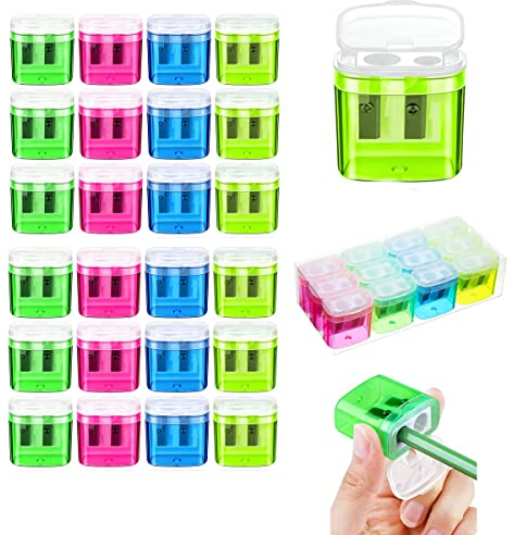 Kiswleon 24-Stück 4-Farben Anspitzer mit Behälter, Dosenspitzer für dicke und dünne Wtifte, Manueller Pencil Sharpener mit Deckel, Kinder Spitzer mit Dose für Schule, Heimbüro (24B)