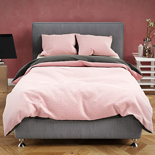Leonado Vicenti Teddy Plüsch 4teilige Bettwäsche 135x200 cm Warme Winter Uni Wende Bettbezug Cashmere Touch Anthrazit Rosa