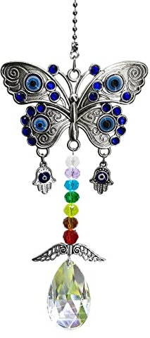 Peili Healing Crystal Decor Evil Eye Alloy Butterfly Car Hanging Accessories Suncatcher with Wings Window Hanging Sun Catchers Decor Meditation Ornaments Home Decoration (Butterfly)