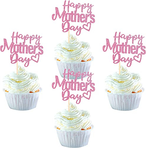 24 Stück Happy Mother's Day Cupcake Toppers Glitter Nummer 1 Mutter Liebe Herz Beste Mutter Cupcake Picks für Frauen Geburtstag Glückliche Mutter Tag Thema Party Kuchen Dekorationen Zubehör Rosa