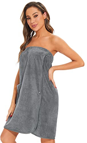 Ymmchy Sauna Frottee Bademantel Damen Saunatuch Saunakilt mit Druckknöpfen, Tasche und Gummizug Grau XL