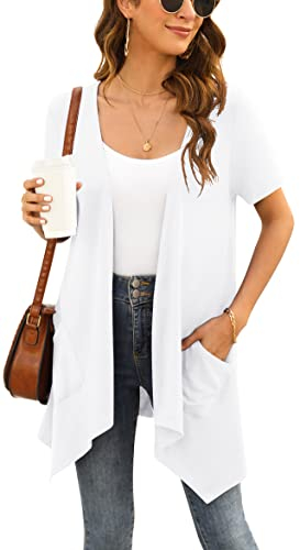 Yommay Weiße Strickjacke für Damen Elegant Kurzen Ärmel leichte Sommer Strickjacke vorne offen Kurze Ärmel Duster Vest mit Taschen,Weiß,Groß