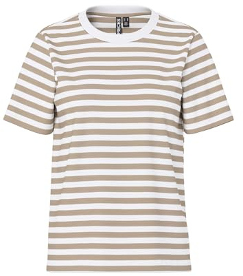 PIECES Damen Pcria Ss Tee Stripes Noos Bc T-Shirt, Silver Mink/Stripes:Bright White,XL