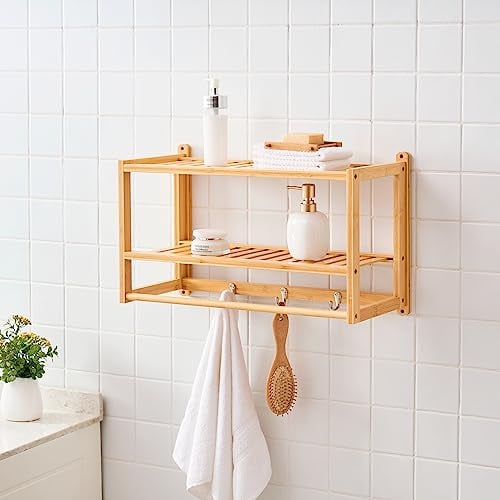 [en.casa] Hängeregal Thyborøn mit Handtuchstange aus Bambus Aufbewahrungsregal 2 Ablagen und 3 Kleiderhaken Badregal Natur