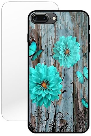 KARTXITAI Hülle Kompatibel mit iPhone 7 Plus/8 Plus,Stoßfest Hybrid Schutzhülle [TPU Silikon Bumper+Glas Rückseite] mit Blaue Blumen Schmetterlinge Motiv Handyhülle Cover+Glas Displayschutz