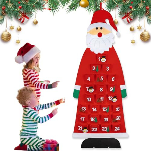 Casenly Filz-Adventskalender Santa, Adventskalender Santa Claus Adventskalender zum Befüllen DIY Weihnachtsmann Adventskalender mit 24 Taschen für Kinder Weihnachten Geschenk Wandbehang Deko