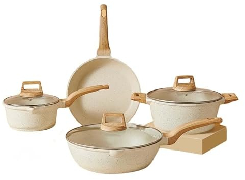 Aisaimout Wooden Cookware Kitchen Nonstick Pots and Pans Set for Induction Hobs Electric Ceramic Hobs Gas Hobs Marble Look With Lids