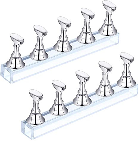 Acrylic Nail Art Practice Stands Magnetic Nail Tips Holders Training Fingernail Display Stands 2 Sets (Silver)