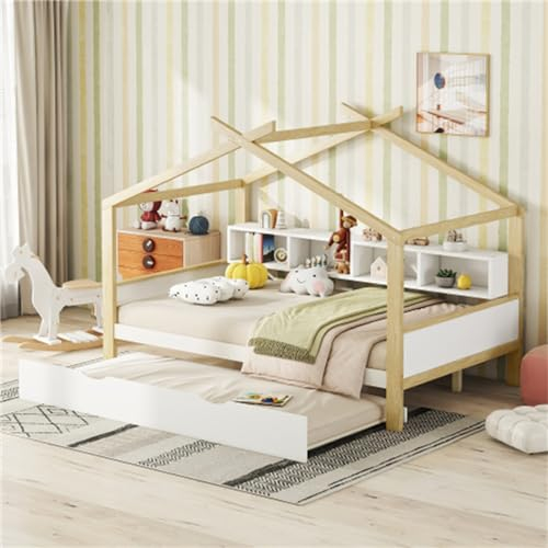 Tcewhhy Kinderbett 140x200 cm Mit Ausziehbett Und Vier Staufächern Jugendbett Für Kinder Jugendliche Hausbett Für Kinderzimmer Bodenbett Gästebett Weiß