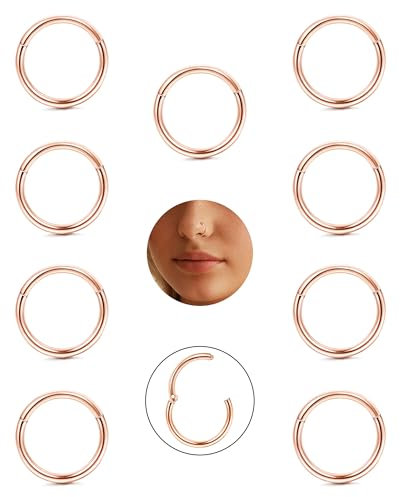 CASSIECA 9stk 16G Nasenpiercing Ring 316L Chirurgenstahl Nasenring Nostril Piercing Septum Ring Hoop Helix Conch Piercing Rosa Gold Clicker Knorpelohrring Lippenring 8mm