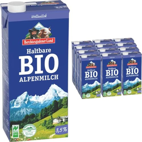 Berchtesgadener Milch Land H-Milch 3,5% Fett, Haltbare Milch, Alpenmilch, je 1 Liter, 12 Stück+ pufai